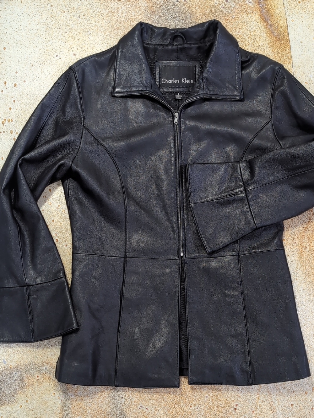 Charles Klein Black Leather Zip-Front Jacket Sleek Fitted Flaired Sleeves Size S